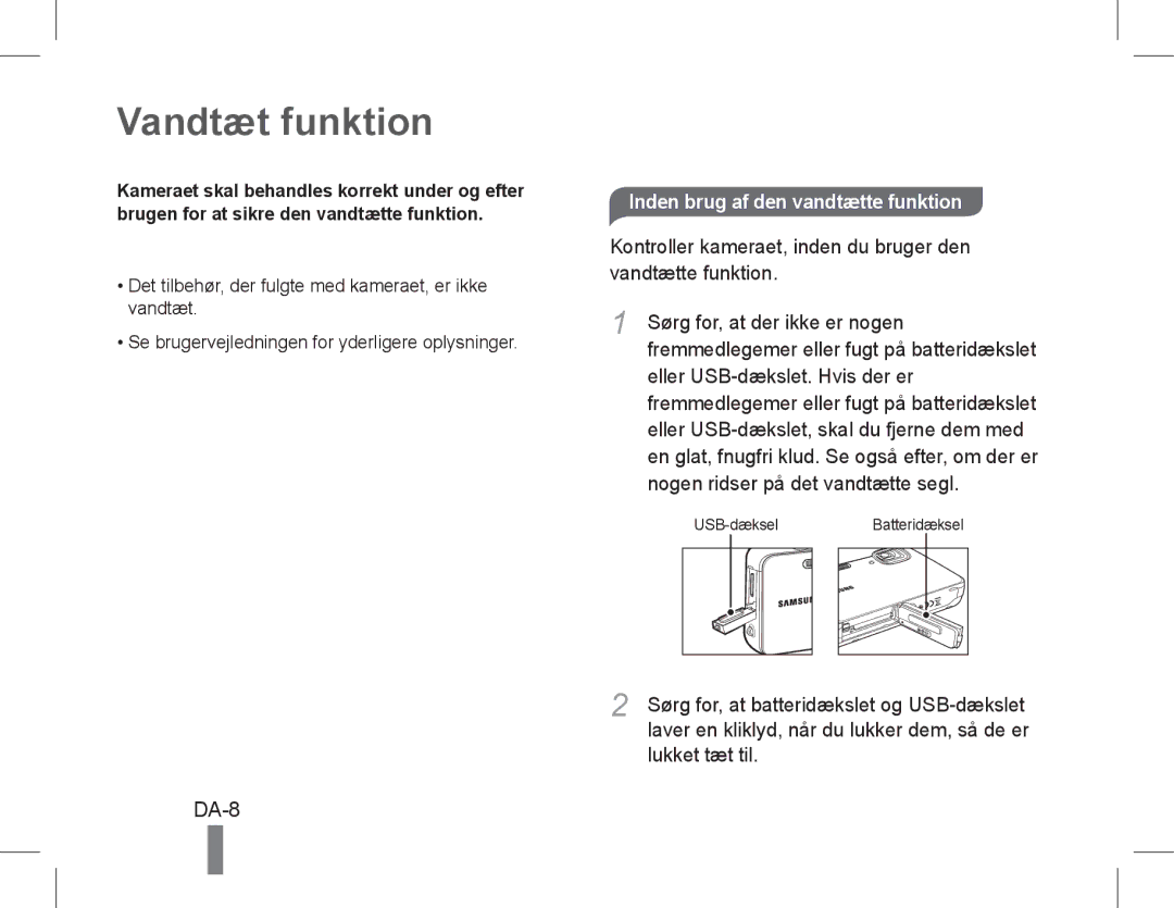 Samsung EC-ST60ZZBDSVN, EC-ST60ZZBPLE1 manual Vandtæt funktion, DA-8, Inden brug af den vandtætte funktion, Lukket tæt til 