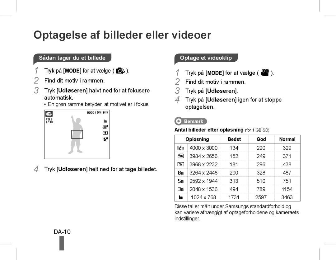 Samsung EC-WP10ZZBPBVN, EC-ST60ZZBPLE1, EC-ST60ZZBPSE1, EC-ST60ZZBPRE1 manual Optagelse af billeder eller videoer, DA-10 