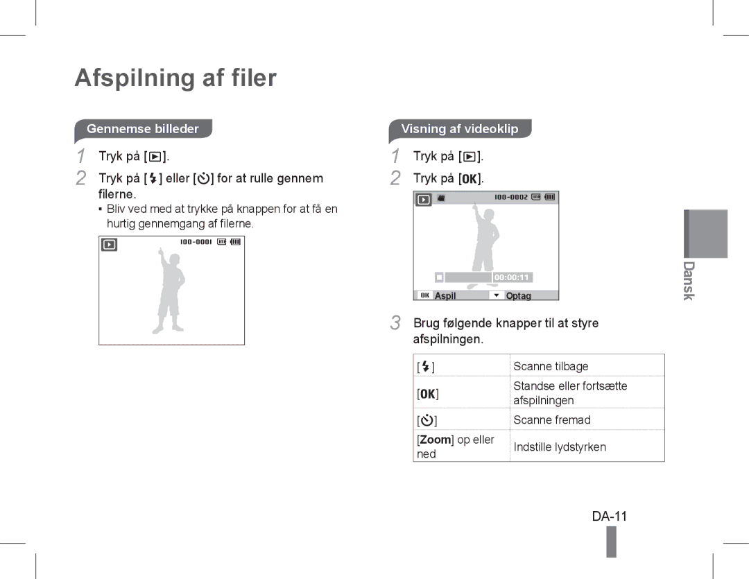 Samsung EC-WP10ZZBPYVN, EC-ST60ZZBPLE1, EC-ST60ZZBPSE1, EC-ST60ZZBPRE1 manual Afspilning af filer, DA-11, Visning af videoklip 