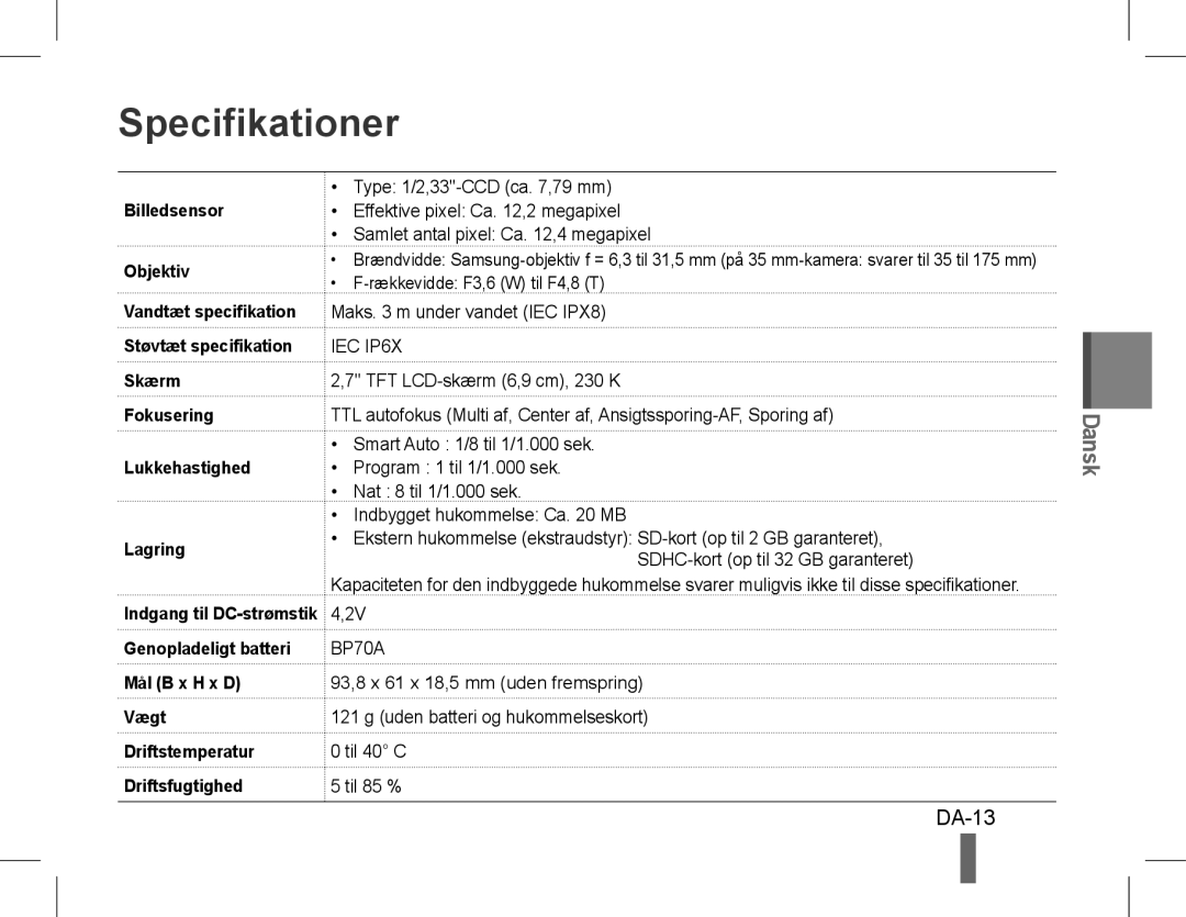 Samsung EC-ST60ZZBPBVN, EC-ST60ZZBPLE1, EC-ST60ZZBPSE1, EC-ST60ZZBPRE1 DA-13, Billedsensor Objektiv, Lukkehastighed Lagring 