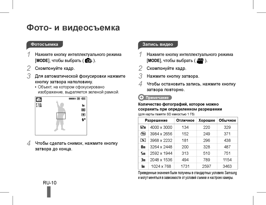 Samsung EC-WP10ZZBPBE3, EC-ST60ZZBPLE1, EC-ST60ZZBPSE1, EC-ST60ZZBPRE1 manual Фото- и видеосъемка, RU-10, Запись видео 