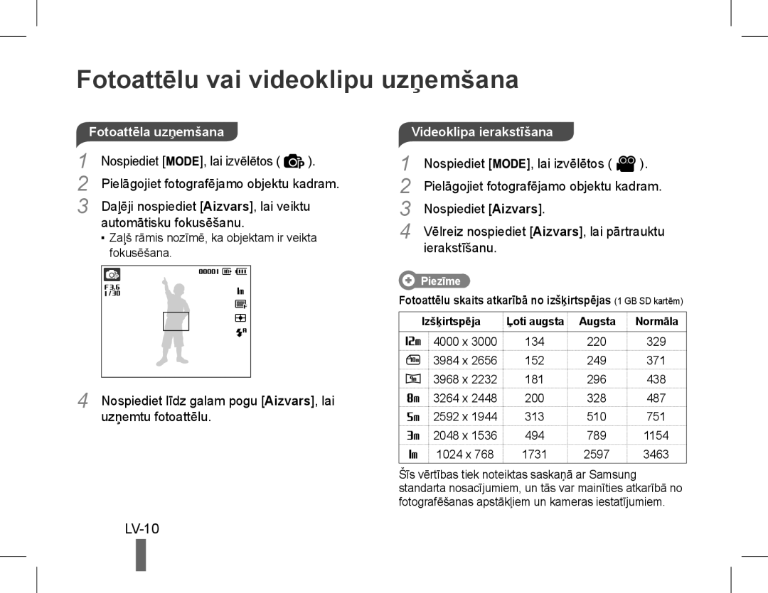 Samsung EC-WP10ZZBPRE2, EC-ST60ZZBPLE1, EC-ST60ZZBPSE1 Fotoattēlu vai videoklipu uzņemšana, LV-10, Videoklipa ierakstīšana 