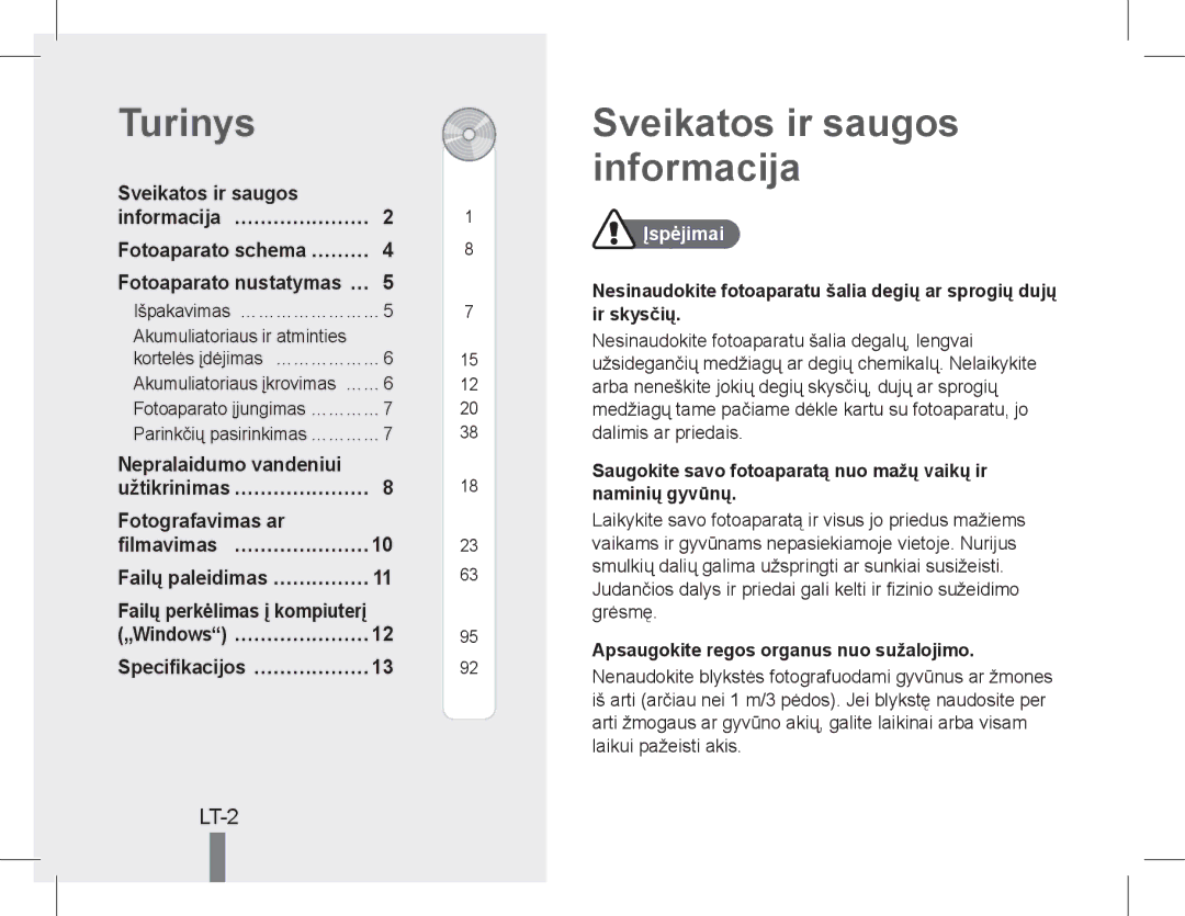 Samsung EC-WP10ZZBPYIL manual Turinys, Sveikatos ir saugos informacija, LT-2, Failų perkėlimas į kompiuterį, Įspėjimai 