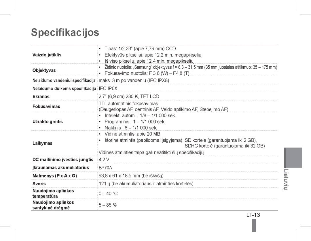 Samsung EC-WP10ZZBPUGS, EC-ST60ZZBPLE1, EC-ST60ZZBPSE1, EC-ST60ZZBPRE1, EC-ST61ZZBPRE1, EC-WP10ZZBPUE1 Specifikacijos, LT-13 