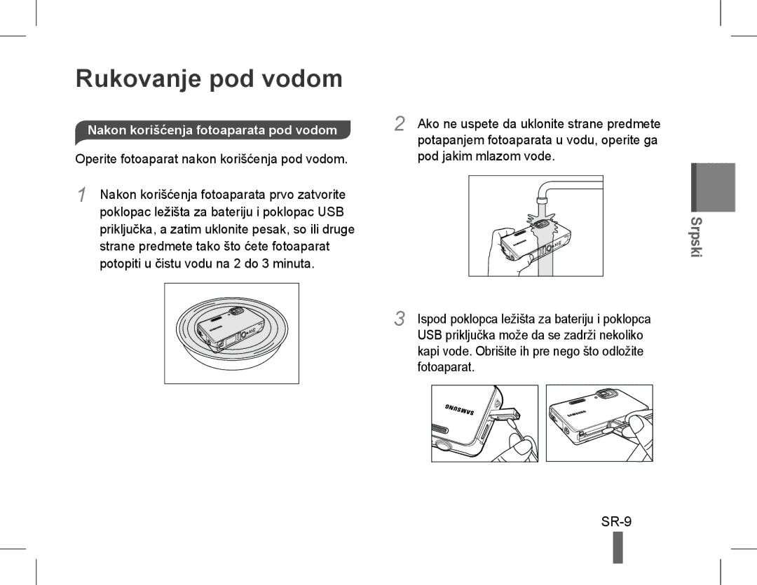 Samsung EC-ST60ZZBPSE2 manual SR-9, Nakon korišćenja fotoaparata pod vodom, Operite fotoaparat nakon korišćenja pod vodom 