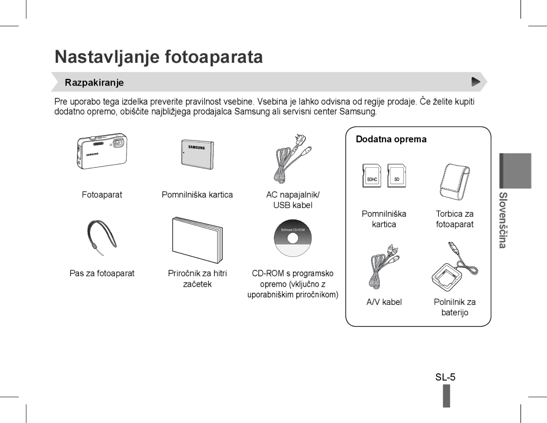 Samsung EC-WP10ZZBPYRU, EC-ST60ZZBPLE1, EC-ST60ZZBPSE1 manual Nastavljanje fotoaparata, SL-5, Razpakiranje, Dodatna oprema 