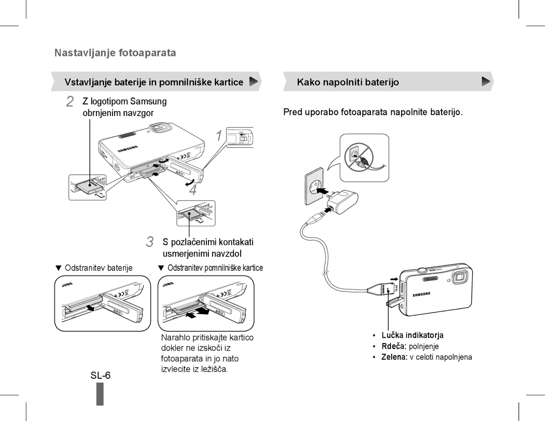 Samsung EC-WP10ZZBPBRU manual SL-6, Vstavljanje baterije in pomnilniške kartice, Obrnjenim navzgor, Kako napolniti baterijo 