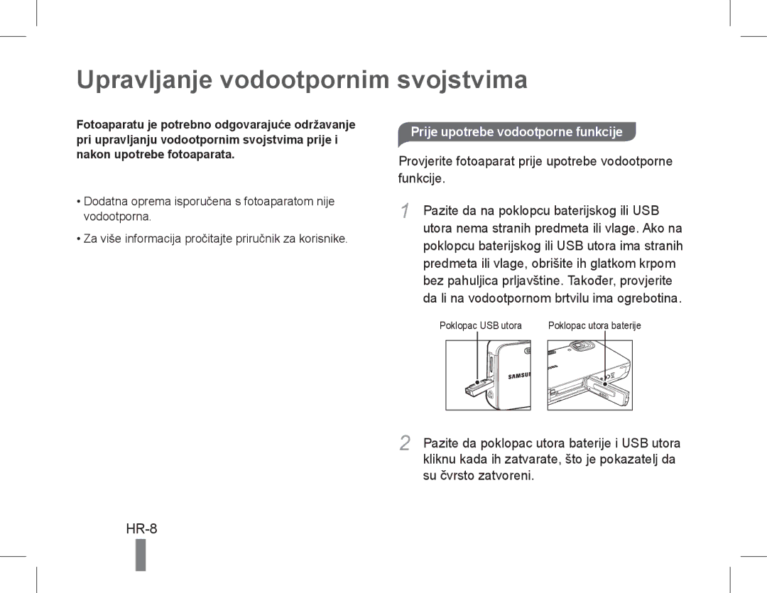 Samsung EC-ST61ZZBPBE1 Upravljanje vodootpornim svojstvima, HR-8, Prije upotrebe vodootporne funkcije, Su čvrsto zatvoreni 