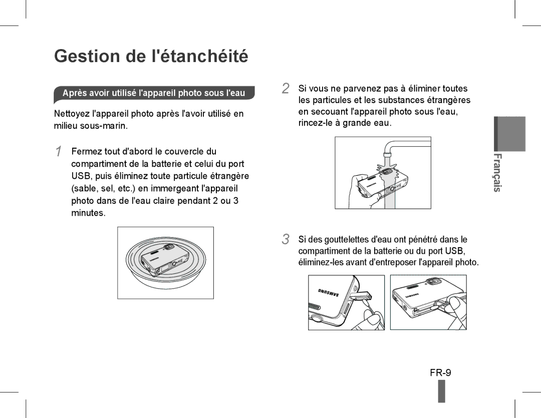 Samsung EC-ST60ZZBPLIL FR-9, Après avoir utilisé lappareil photo sous leau, Éliminez-les avant dentreposer lappareil photo 