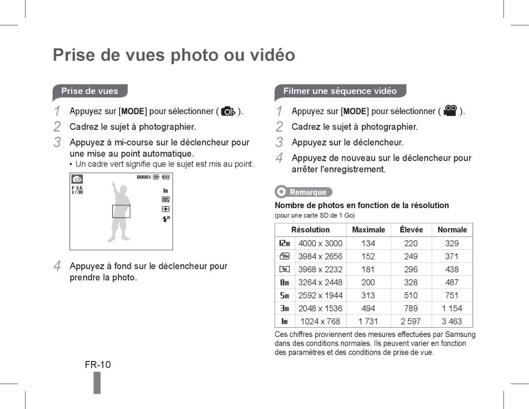 Samsung EC-ST60ZZBPSSA, EC-ST60ZZBPLE1, EC-ST60ZZBPSE1, EC-ST60ZZBPRE1, EC-ST61ZZBPRE1 Prise de vues photo ou vidéo, FR-10 