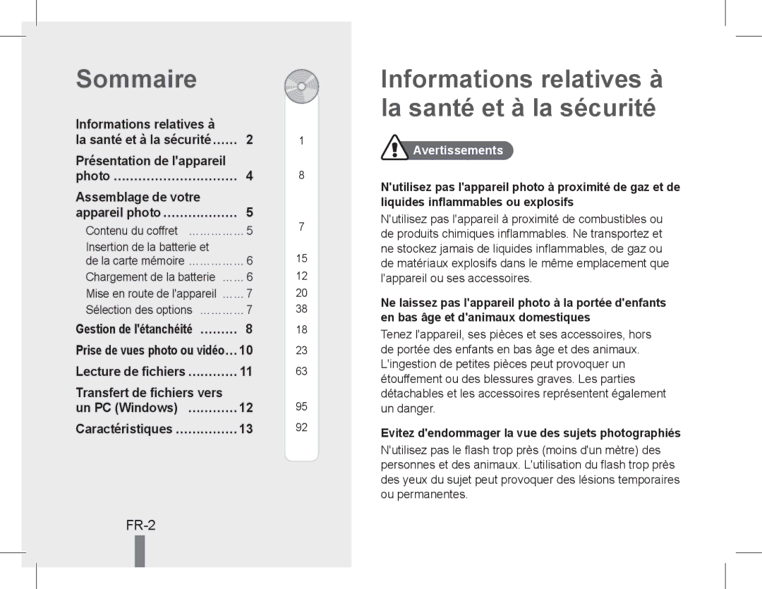 Samsung EC-WP10ZZBPRIT Sommaire, Informations relatives à la santé et à la sécurité, FR-2, Gestion de létanchéité… ……… 