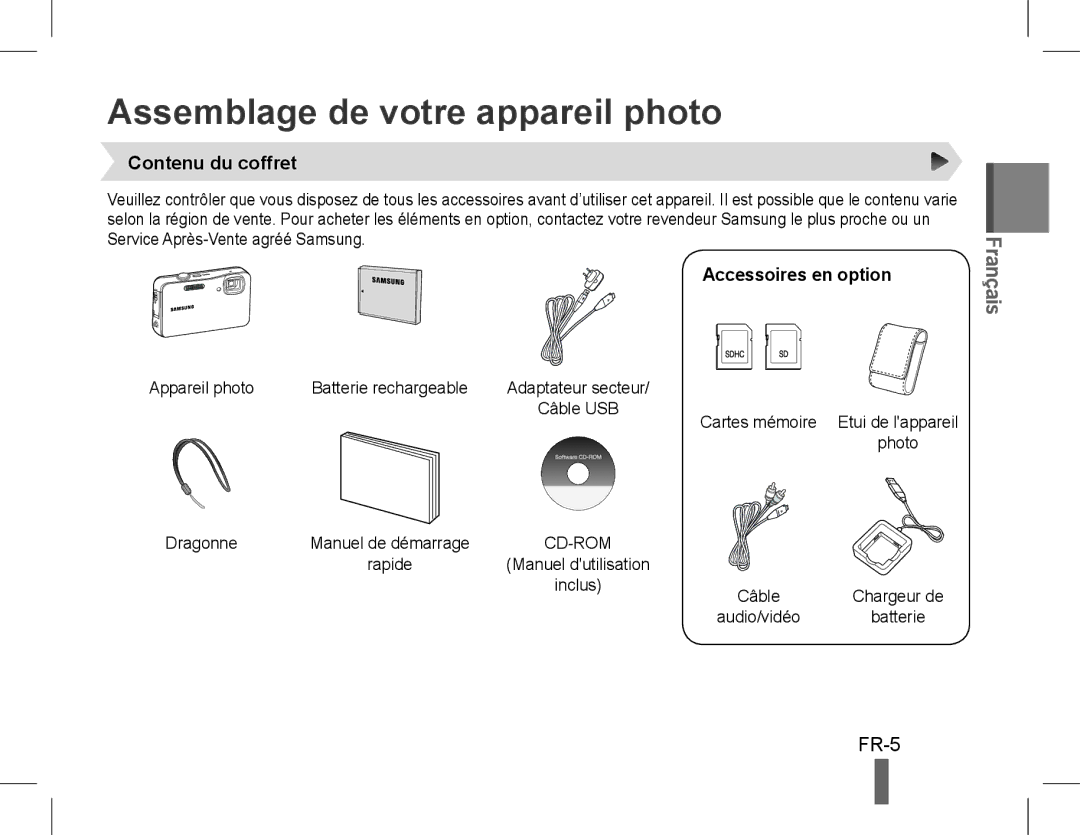 Samsung EC-ST60ZZBPBIT, EC-ST60ZZBPLE1 Assemblage de votre appareil photo, FR-5, Contenu du coffret, Accessoires en option 