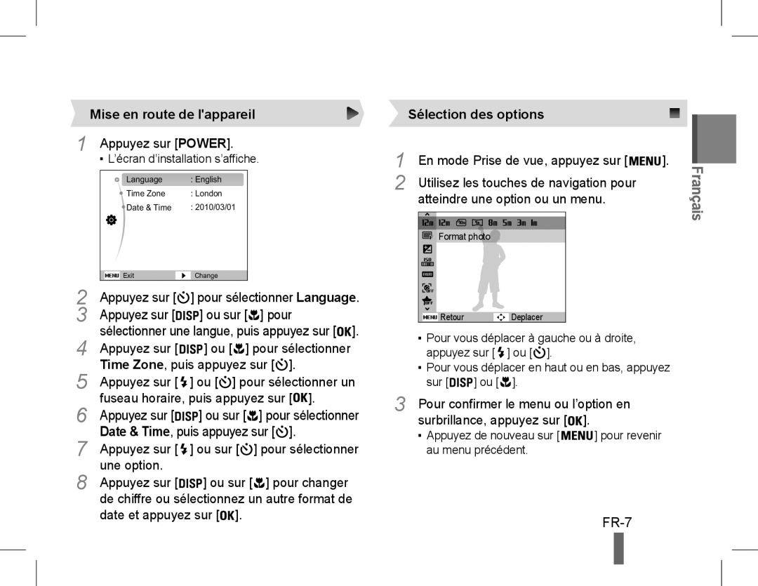Samsung EC-WP10ZZBPRE1, EC-ST60ZZBPLE1, EC-ST60ZZBPSE1 manual FR-7, Mise en route de lappareil, Sélection des options 