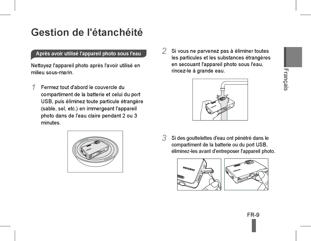 Samsung EC-WP10ZZBPYE1, EC-ST60ZZBPLE1, EC-ST60ZZBPSE1, EC-ST60ZZBPRE1 FR-9, Après avoir utilisé lappareil photo sous leau 