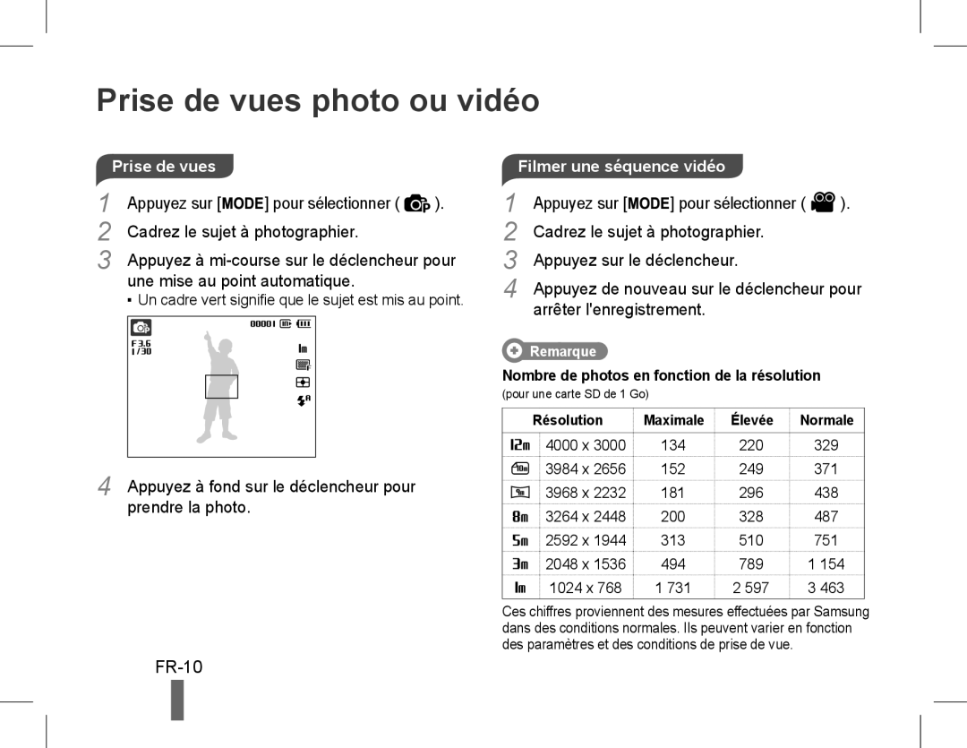 Samsung EC-ST60ZZBPRSA, EC-ST60ZZBPLE1, EC-ST60ZZBPSE1, EC-ST60ZZBPRE1, EC-ST61ZZBPRE1 Prise de vues photo ou vidéo, FR-10 