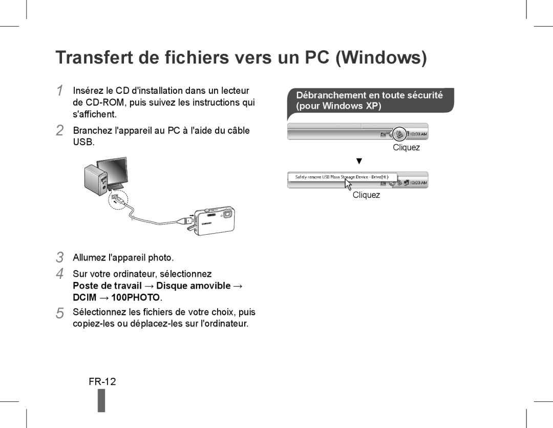 Samsung EC-ST60ZZDPSME manual Transfert de fichiers vers un PC Windows, FR-12, Saffichent, Allumez lappareil photo 