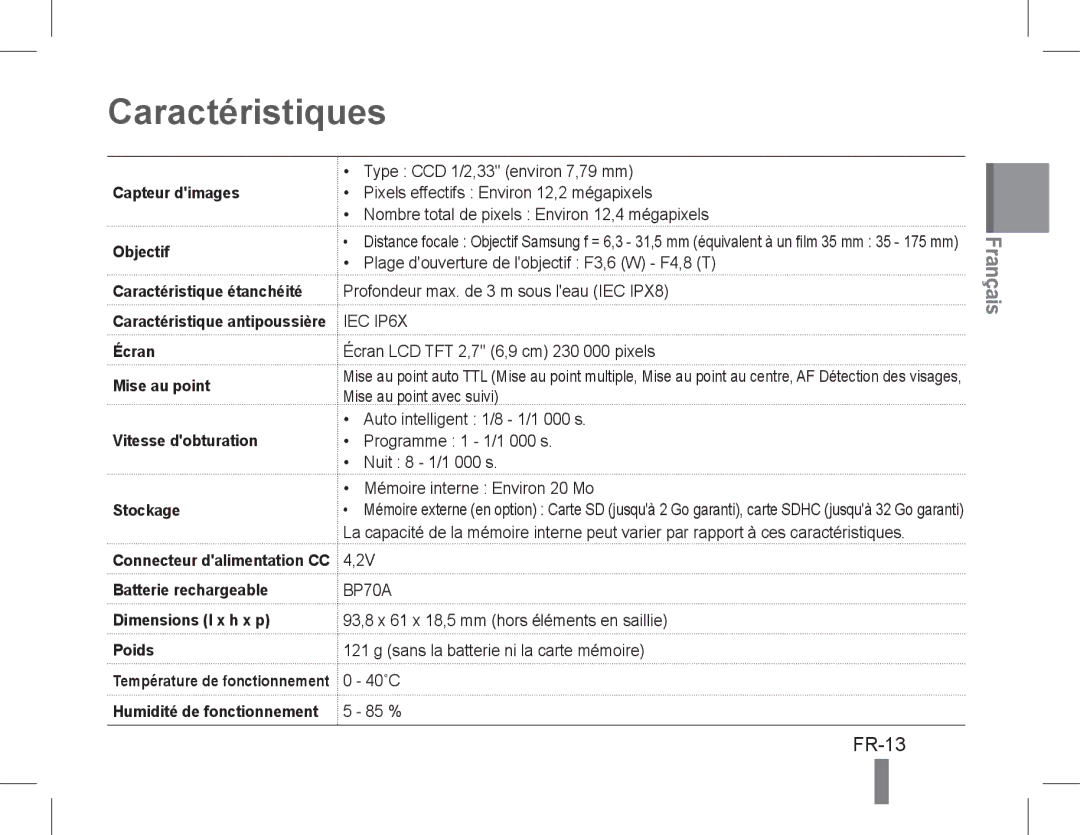 Samsung EC-WP10ZZDPRME, EC-ST60ZZBPLE1, EC-ST60ZZBPSE1, EC-ST60ZZBPRE1, EC-ST61ZZBPRE1, EC-WP10ZZBPUE1 Caractéristiques, FR-13 