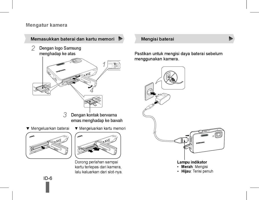 Samsung EC-WP10ZZBPRVN, EC-ST60ZZBPLE1, EC-ST60ZZBPSE1 manual ID-6, Memasukkan baterai dan kartu memori Mengisi baterai 