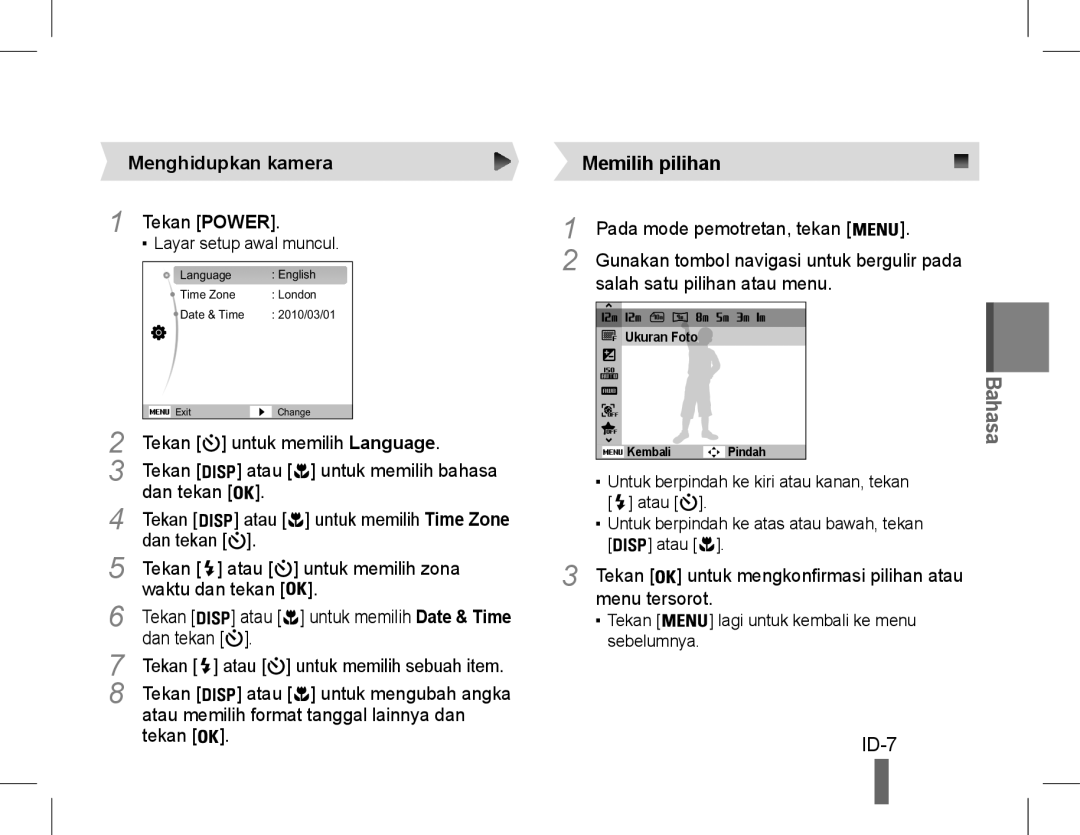 Samsung EC-ST60ZZBDRVN, EC-ST60ZZBPLE1, EC-ST60ZZBPSE1, EC-ST60ZZBPRE1, EC-ST61ZZBPRE1 manual ID-7, Menghidupkan kamera 