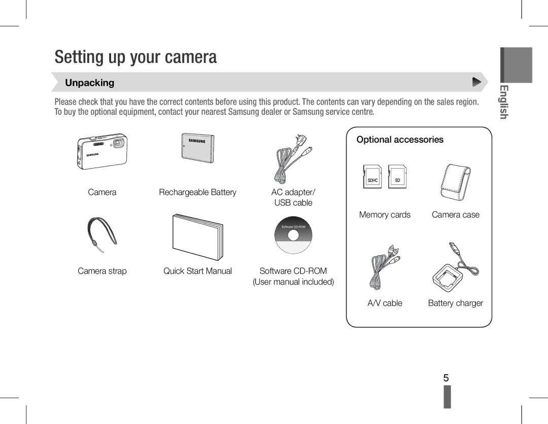 Samsung EC-ST60ZZBPBE1, EC-ST60ZZBPLE1, EC-ST60ZZBPSE1, EC-ST60ZZBPRE1, EC-ST61ZZBPRE1 manual Unpacking, Optional accessories 