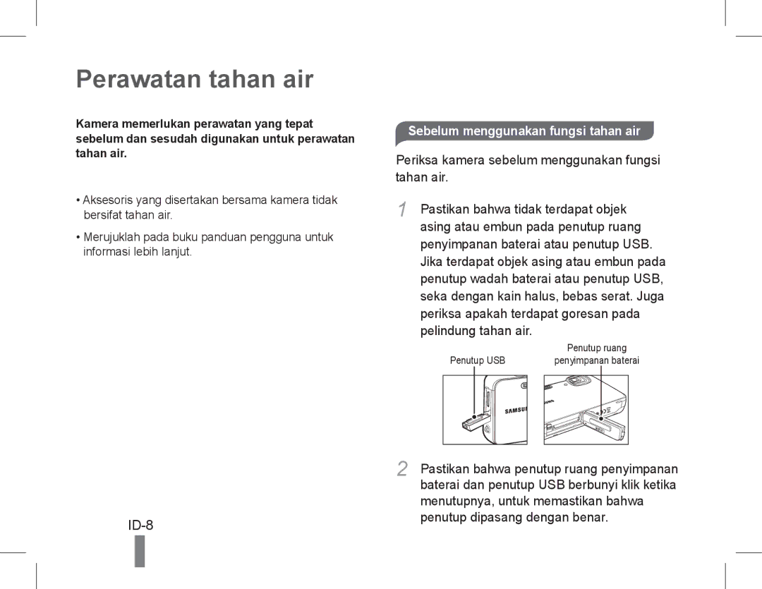 Samsung EC-ST60ZZBDSVN, EC-ST60ZZBPLE1, EC-ST60ZZBPSE1 manual Perawatan tahan air, ID-8, Sebelum menggunakan fungsi tahan air 