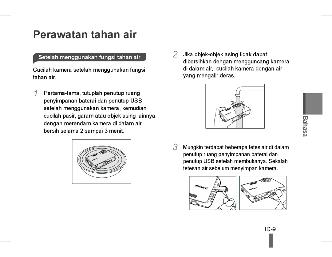 Samsung EC-ST60ZZBPLVN ID-9, Setelah menggunakan fungsi tahan air, Cucilah kamera setelah menggunakan fungsi tahan air 