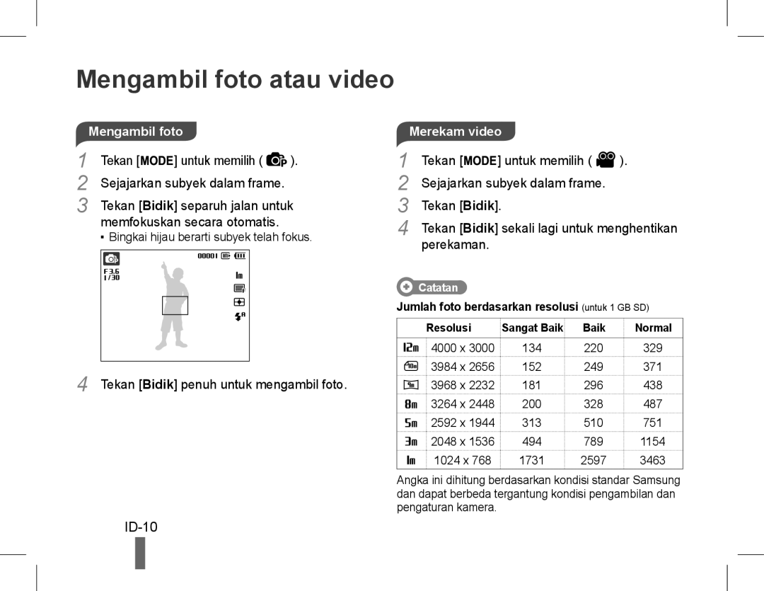 Samsung EC-WP10ZZBPBVN, EC-ST60ZZBPLE1, EC-ST60ZZBPSE1, EC-ST60ZZBPRE1, EC-ST61ZZBPRE1 manual Mengambil foto atau video, ID-10 