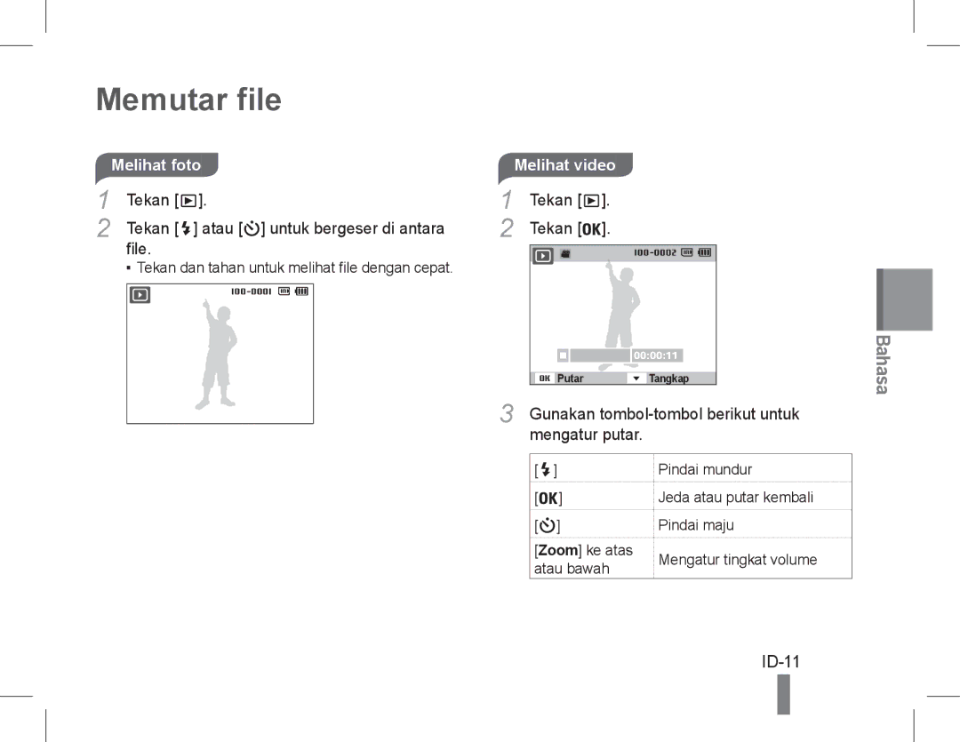 Samsung EC-WP10ZZBPYVN manual Memutar file, ID-11, Melihat foto, Tekan Atau untuk bergeser di antara File, Melihat video 