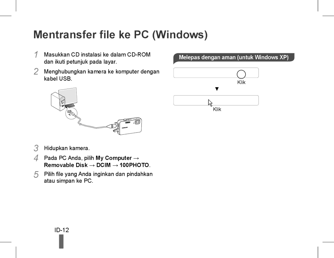 Samsung EC-ST60ZZBPSVN, EC-ST60ZZBPLE1 manual Mentransfer file ke PC Windows, ID-12, Melepas dengan aman untuk Windows XP 