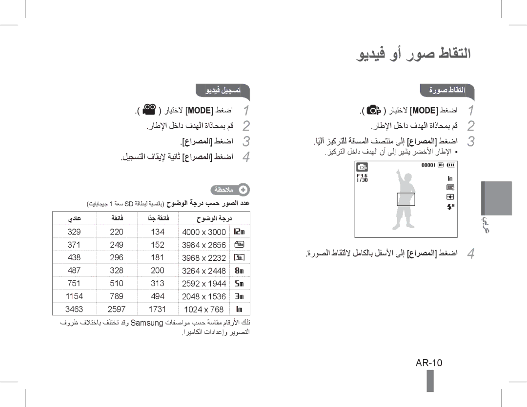 Samsung EC-WP10ZZBPYE2, EC-ST60ZZBPLE1, EC-ST60ZZBPSE1, EC-ST60ZZBPRE1, EC-ST61ZZBPRE1 manual ويديف وأ روص طاقتلا, AR-10 