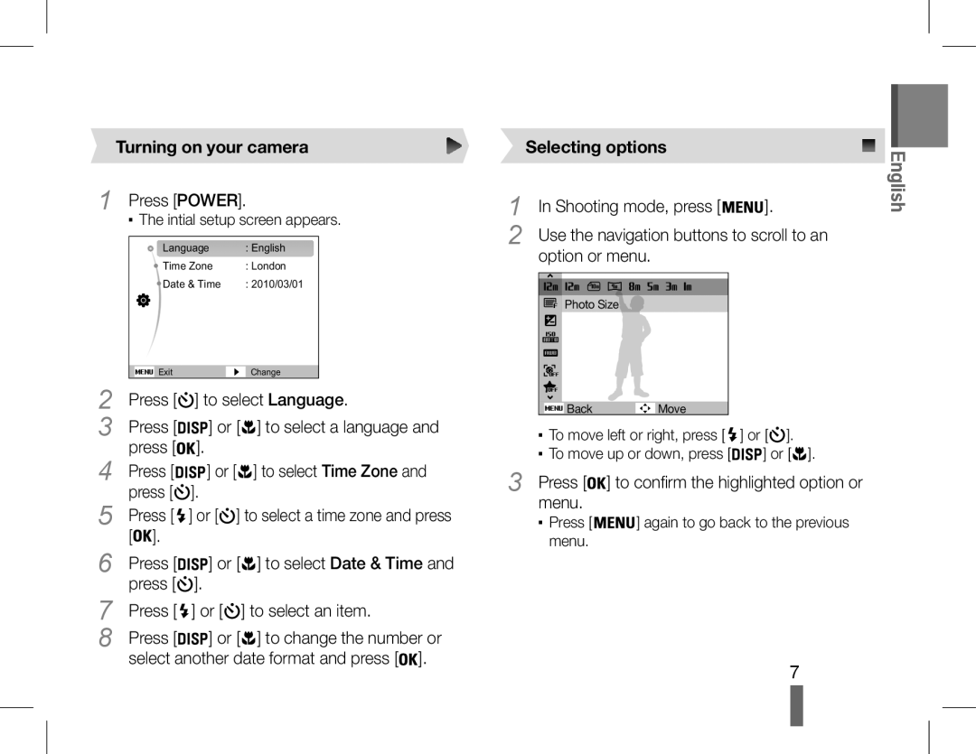 Samsung EC-WP10ZZBPUGS, EC-ST60ZZBPLE1, EC-ST60ZZBPSE1, EC-ST60ZZBPRE1 manual Turning on your camera, Selecting options 