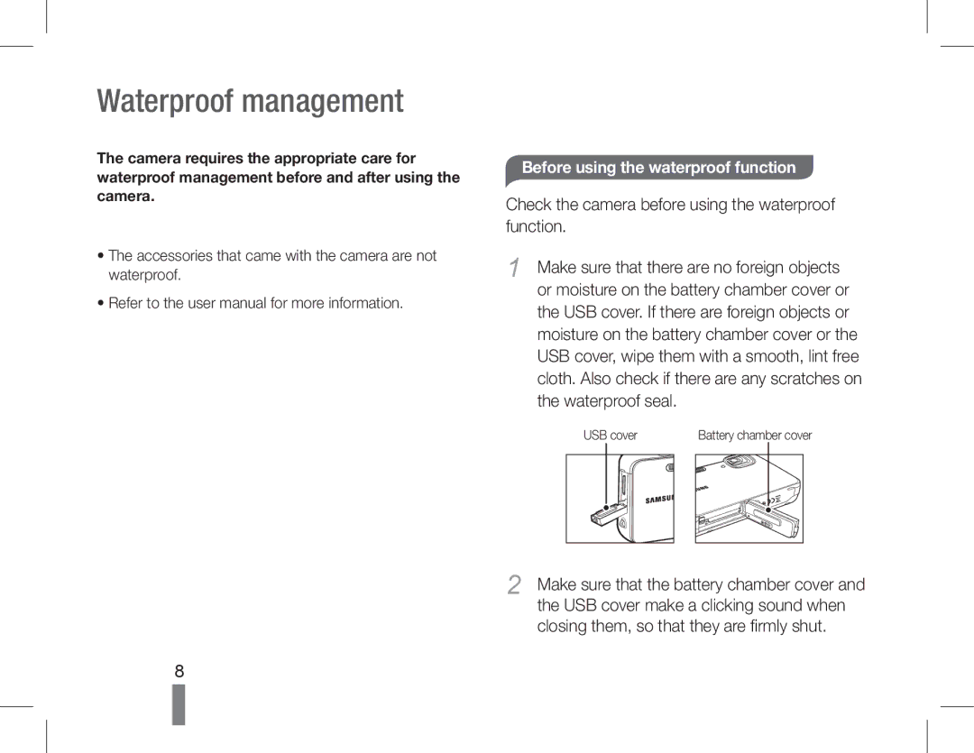 Samsung EC-ST61ZZBPSE1, EC-ST60ZZBPLE1, EC-ST60ZZBPSE1 manual Waterproof management, Before using the waterproof function 