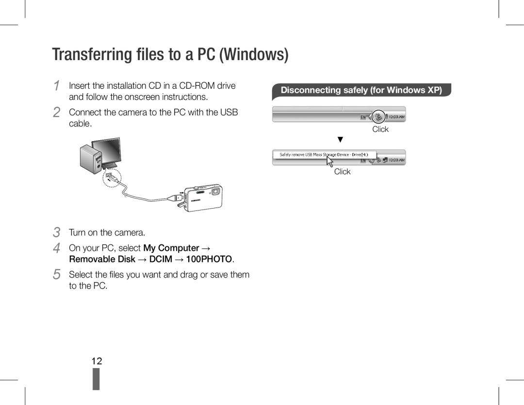 Samsung EC-WP10ZZBPYIT, EC-ST60ZZBPLE1 manual Transferring files to a PC Windows, Disconnecting safely for Windows XP 