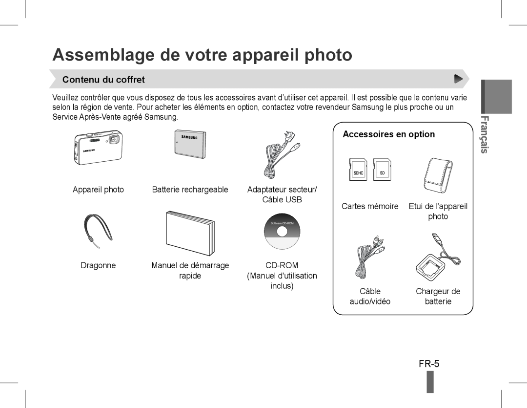 Samsung EC-ST60ZZBPBIT manual Assemblage de votre appareil photo, FR-5, Contenu du coffret, Accessoires en option, Français 