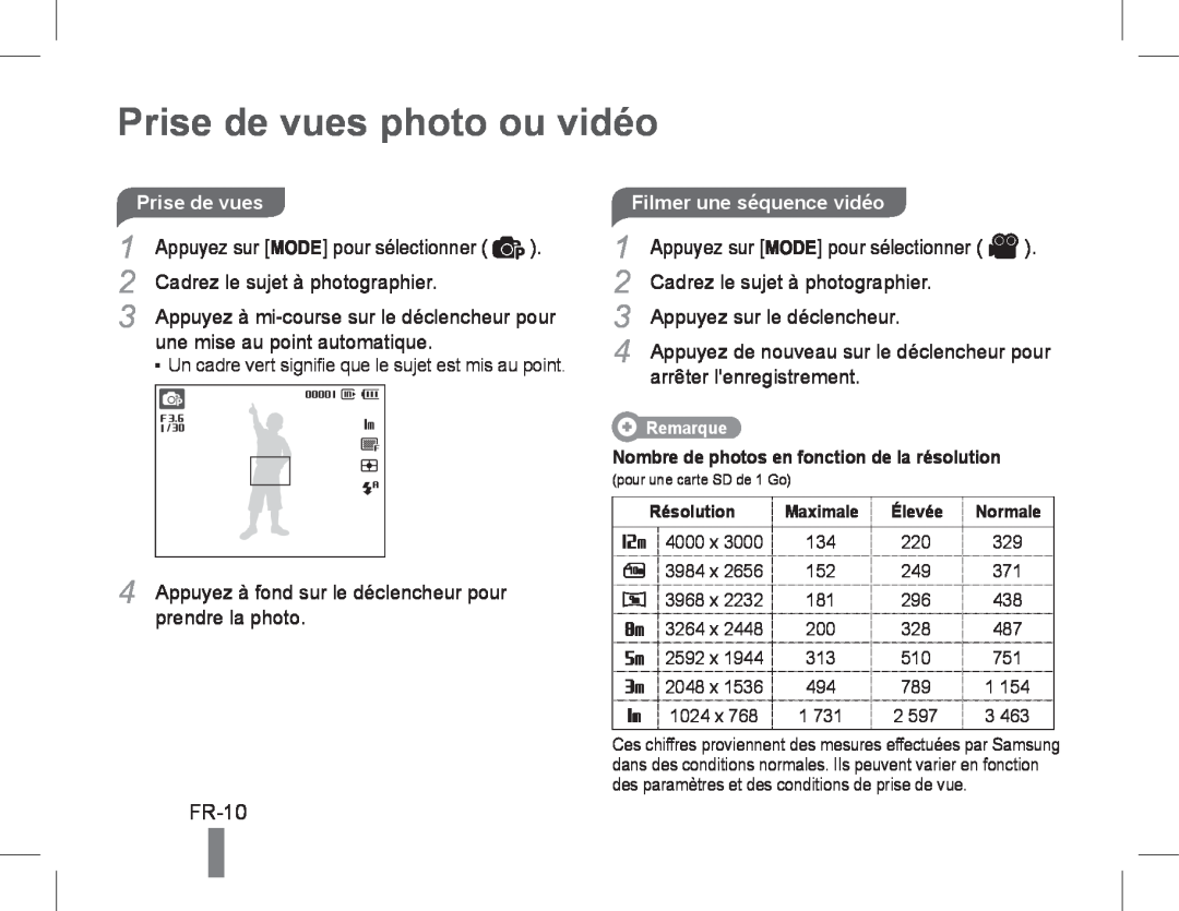 Samsung EC-ST60ZZBPRSA Prise de vues photo ou vidéo, FR-10, Cadrez le sujet à photographier, une mise au point automatique 