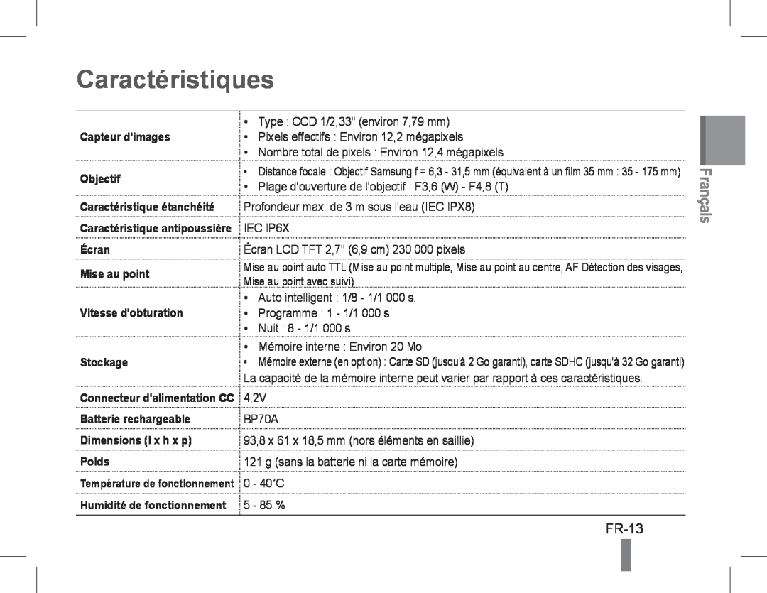 Samsung EC-WP10ZZDPRME Caractéristiques, FR-13, Capteur dimages Objectif, Caractéristique étanchéité, Dimensions l x h x p 