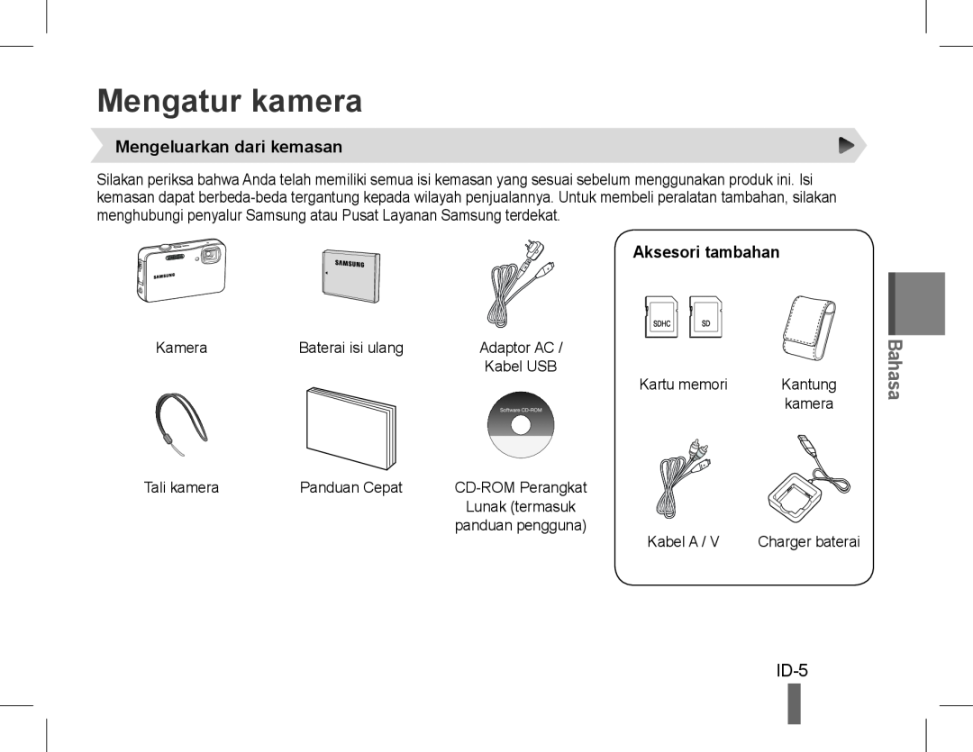 Samsung EC-WP10ZZDPUIR, EC-ST60ZZBPLE1 manual Mengatur kamera, ID-5, Mengeluarkan dari kemasan, Aksesori tambahan, Bahasa 