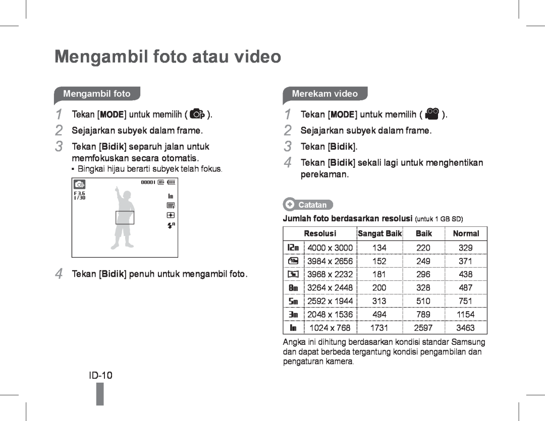 Samsung EC-WP10ZZBPBVN Mengambil foto atau video, ID-10, untuk memilih, memfokuskan secara otomatis, Tekan Bidik, Catatan 