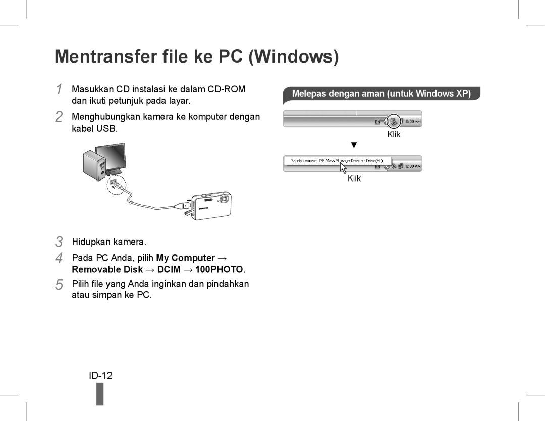 Samsung EC-ST60ZZBPSVN manual Mentransfer file ke PC Windows, ID-12, Masukkan CD instalasi ke dalam CD-ROM, kabel USB 