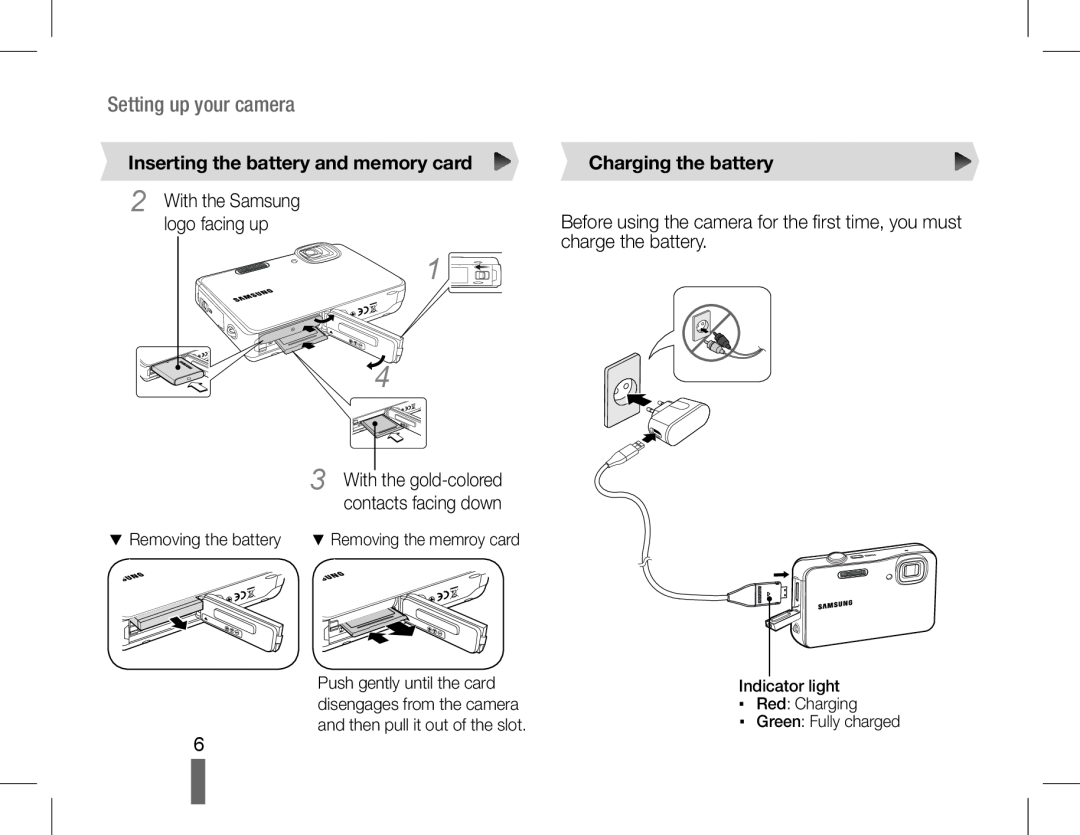 Samsung EC-ST60ZZBPSGB, EC-ST60ZZBPLE1 Inserting the battery and memory card, Charging the battery, Setting up your camera 