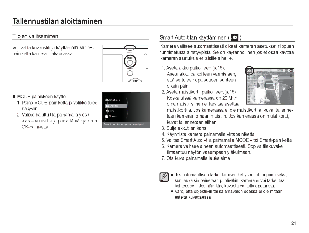 Samsung EC-ST61ZZBPSE2, EC-ST60ZZBPLE2 manual Tallennustilan aloittaminen, Tilojen valitseminen Smart Auto-tilan käyttäminen 