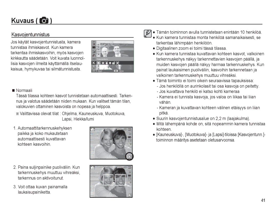 Samsung EC-ST61ZZBPRE2, EC-ST60ZZBPLE2, EC-ST60ZZBPRE2, EC-ST60ZZBPBE2, EC-ST60ZZBPSE2, EC-ST61ZZBPLE2 manual Kasvojentunnistus 