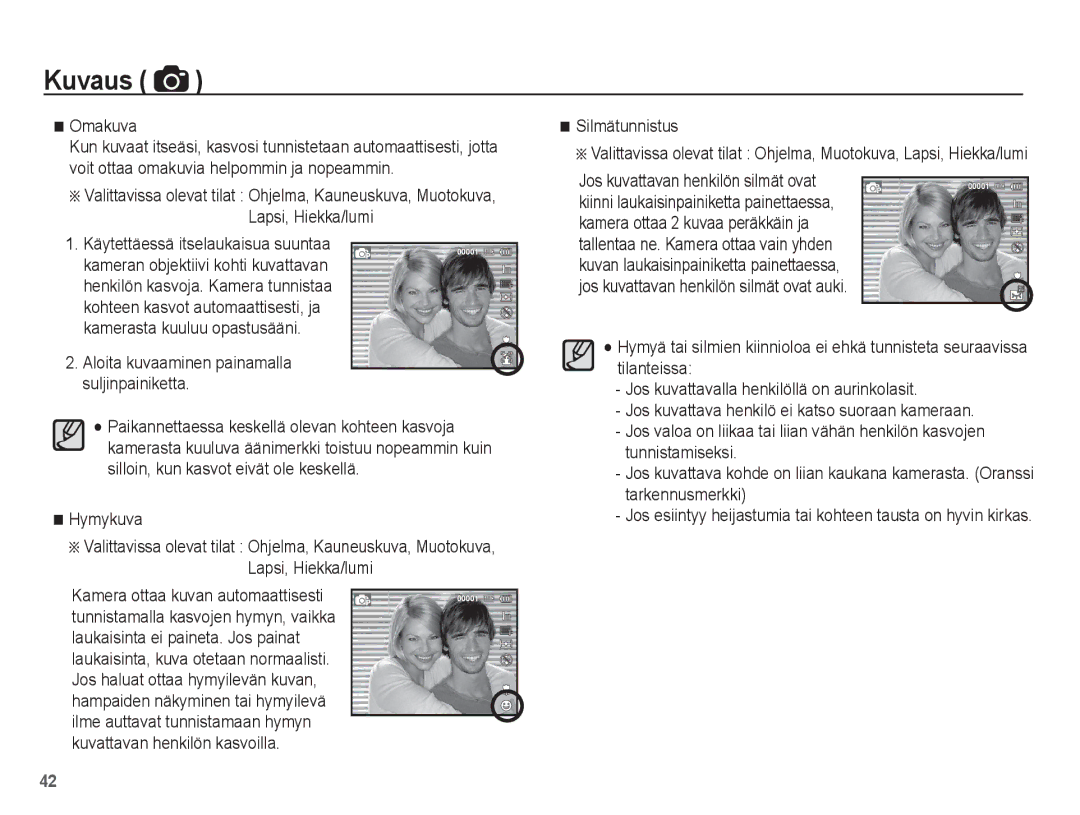 Samsung EC-ST60ZZBPBE2 manual Omakuva, Silmätunnistus, Jos esiintyy heijastumia tai kohteen tausta on hyvin kirkas 