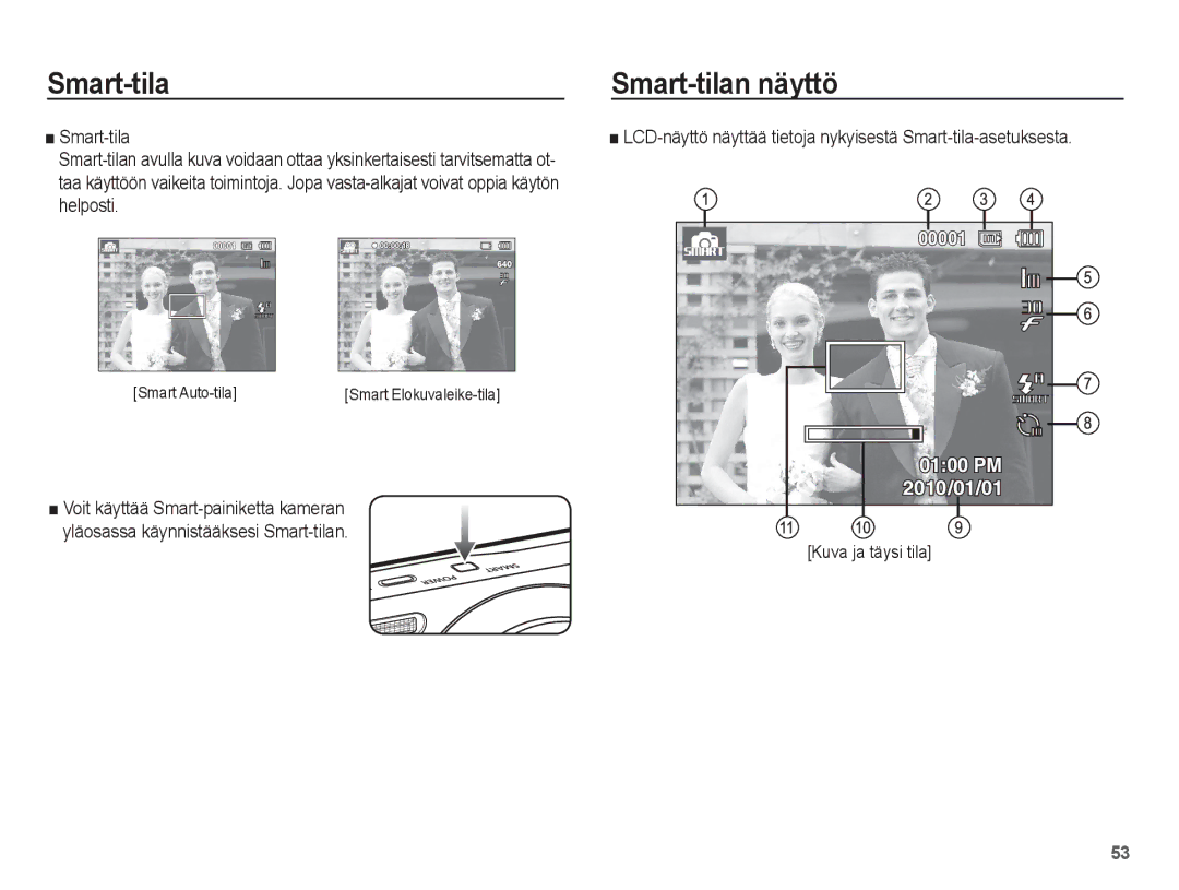 Samsung EC-ST61ZZBPSE2, EC-ST60ZZBPLE2, EC-ST60ZZBPRE2 manual Smart-tilan näyttö, Smart Auto-tila, Kuva ja täysi tila 