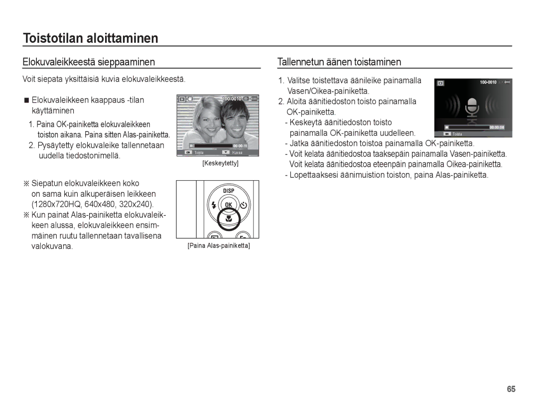 Samsung EC-ST61ZZBPRE2, EC-ST60ZZBPLE2, EC-ST60ZZBPRE2 manual Elokuvaleikkeestä sieppaaminen, Tallennetun äänen toistaminen 