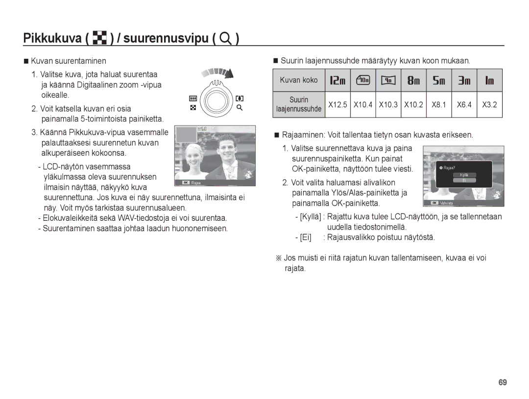 Samsung EC-ST61ZZBPSE2, EC-ST60ZZBPLE2 manual Kuvan suurentaminen, Rajaaminen Voit tallentaa tietyn osan kuvasta erikseen 