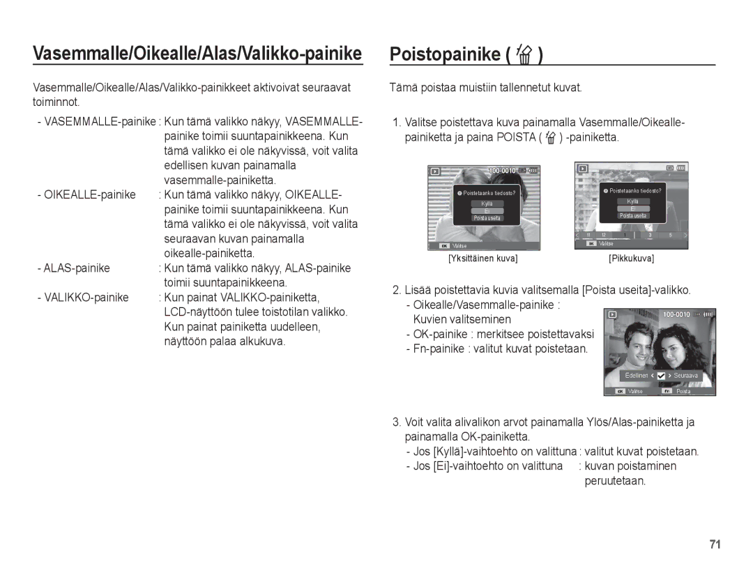 Samsung EC-ST60ZZBPLE2, EC-ST60ZZBPRE2, EC-ST61ZZBPRE2 manual Vasemmalle/Oikealle/Alas/Valikko-painike Poistopainike Õ 