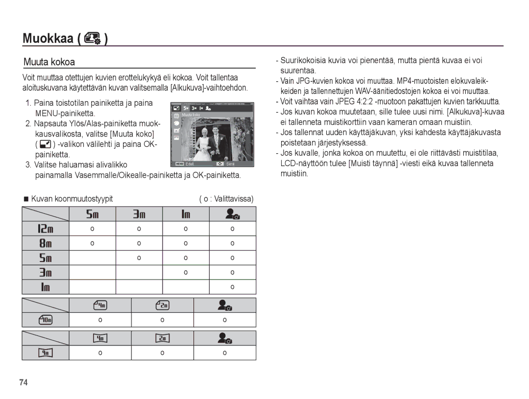 Samsung EC-ST60ZZBPBE2, EC-ST60ZZBPLE2, EC-ST60ZZBPRE2 manual Muokkaa, Muuta kokoa, MENU-painiketta, Kuvan koonmuutostyypit 