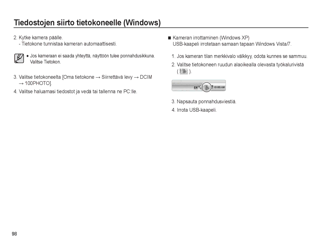 Samsung EC-ST60ZZBPBE2, EC-ST60ZZBPLE2, EC-ST60ZZBPRE2, EC-ST61ZZBPRE2 manual Napsauta ponnahdusviestiä Irrota USB-kaapeli 