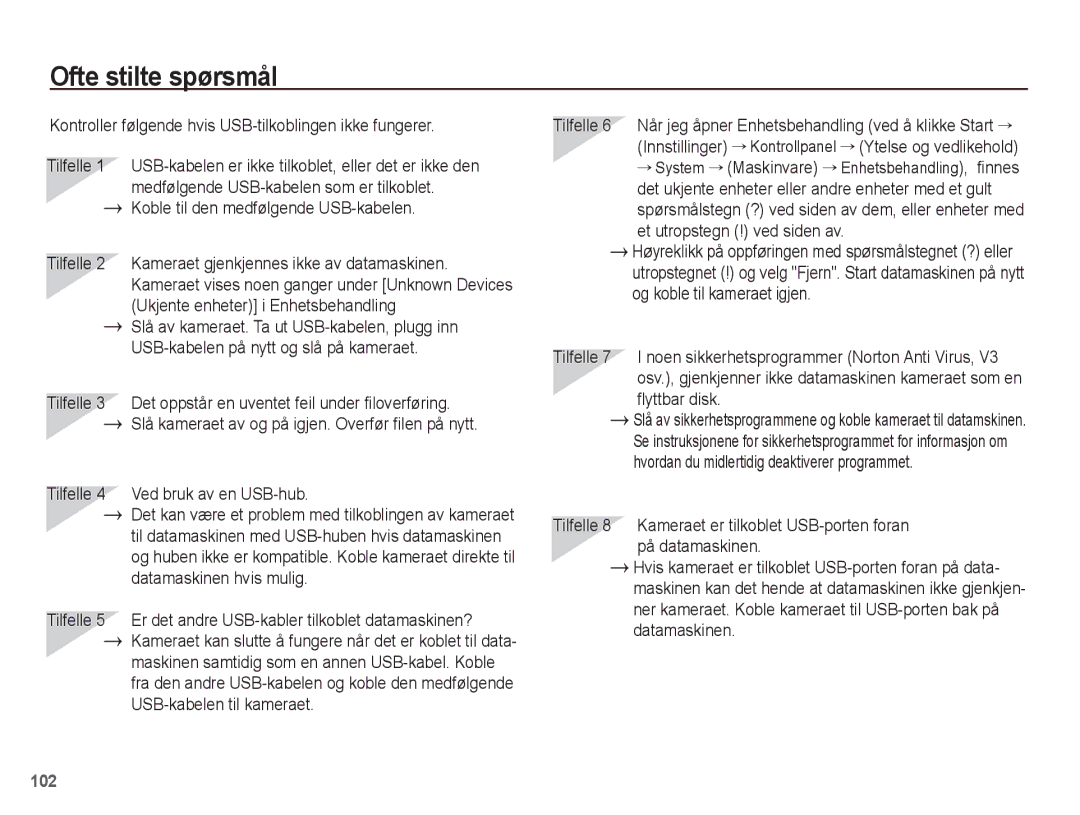 Samsung EC-ST61ZZBPBE2, EC-ST60ZZBPLE2 manual Ofte stilte spørsmål, Kontroller følgende hvis USB-tilkoblingen ikke fungerer 